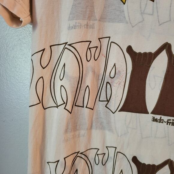 VTG ando & friends Brown & Orange Hawaii Hang Loose Shaka Hand Tan TShirt Med - Picture 8 of 10